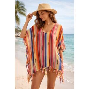 Billabong Rainbow Stripe Swim Cover Up Tunic Tassel Fringe Boho Beach Size M/L